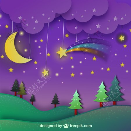 夜间景观与紫色天空
