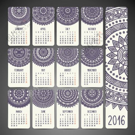 紫色花盘花纹2016日历背景矢量素材