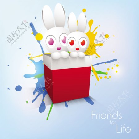 在蓝色的背景在一个红盒子的小rabbiits友谊节快乐的概念