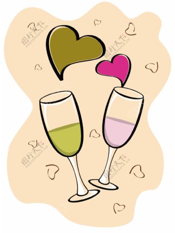 情人节背景矢量与两杯酒和心脏的形状