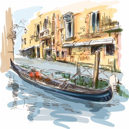 淡彩手绘威尼斯码头风景插画
