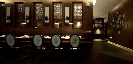 中式风情木制背景墙餐厅工装装修效果图
