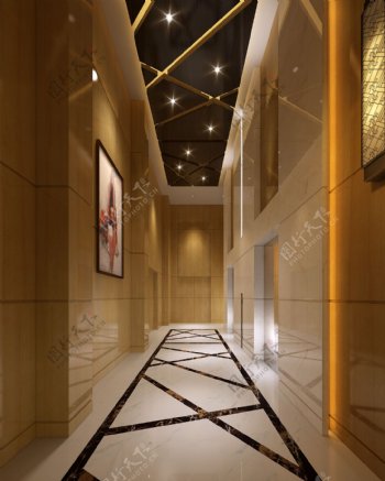 现代时尚金色背景墙客厅走廊室内装修效果图