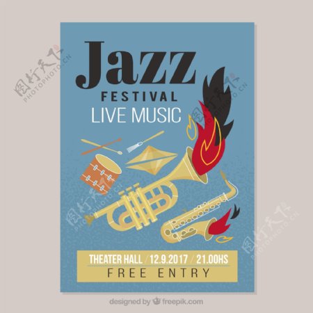 爵士音乐节的海报与乐器