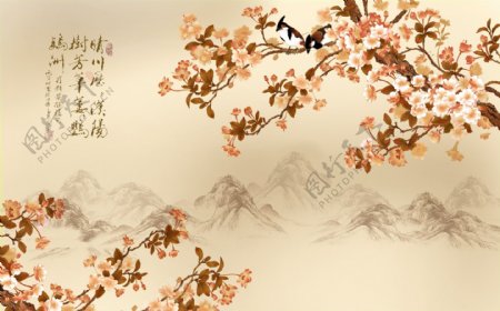 山水梅花背景墙