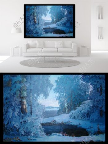 冰雪融化的森林油画装饰画