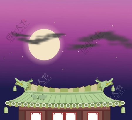 中国风游戏月色下房屋素材