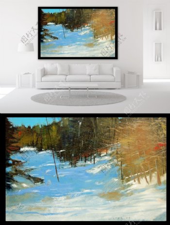 雪景油画彩绘风景油画装饰画