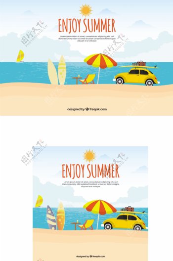 黄色的车在夏天的海滩背景
