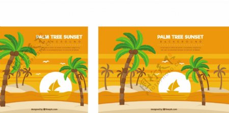 日落时棕榈树的海滩背景