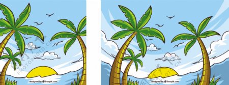 背景的棕榈树和手绘的海滩