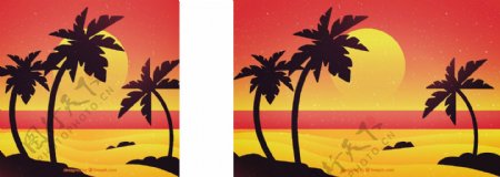海滩日落背景与棕榈树