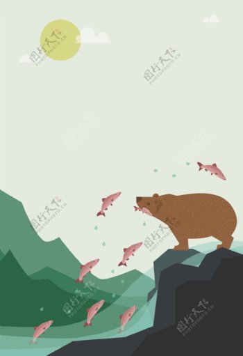 捕食鲑鱼的棕熊海报背景素材