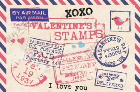 手绘情人节邮票
