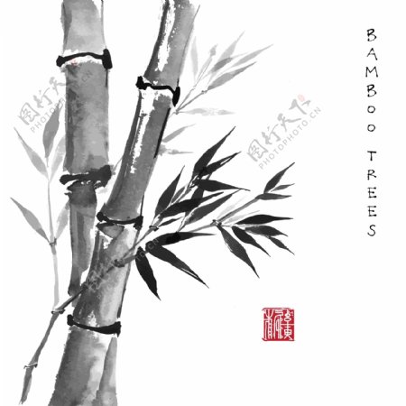 新中式水墨画竹子素材元素背景印章竹叶传统