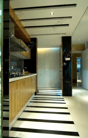 简约风室内设计黑白格纹地板厨房效果图