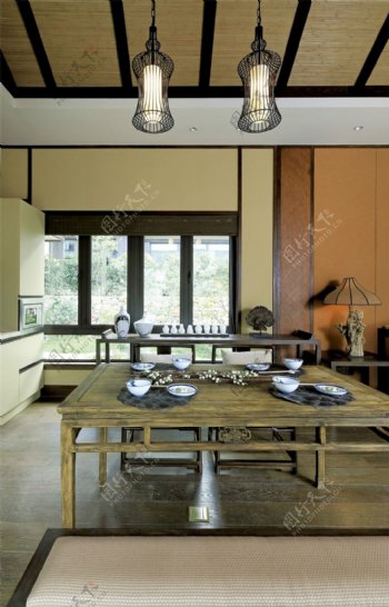 日式风室内设计客厅茶具效果图JPG源文件