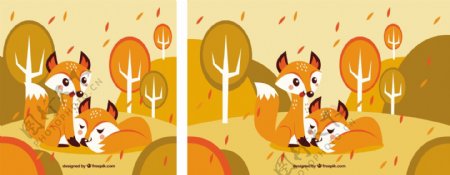 秋天的两只可爱的狐狸