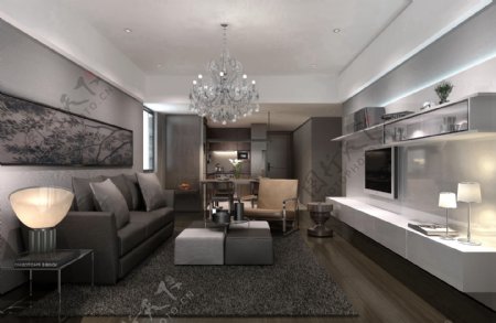 现代冷淡风格客厅白色水晶灯室内装修效果图
