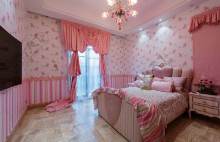 粉色卧室床效果图
