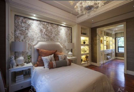 现代时尚金色花纹背景墙卧室室内装修效果图