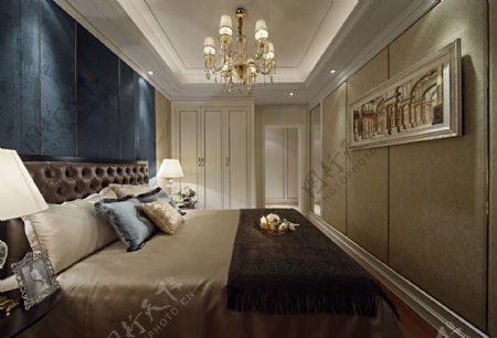 现代时尚卧室深蓝色绒质背景墙室内装修图