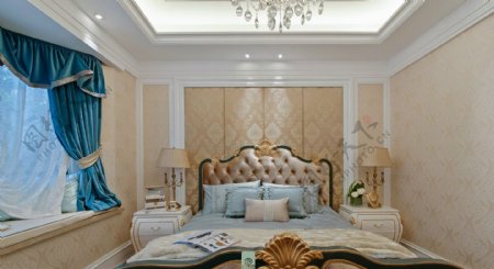 现代时尚卧室蓝色丝质窗帘室内装修效果图