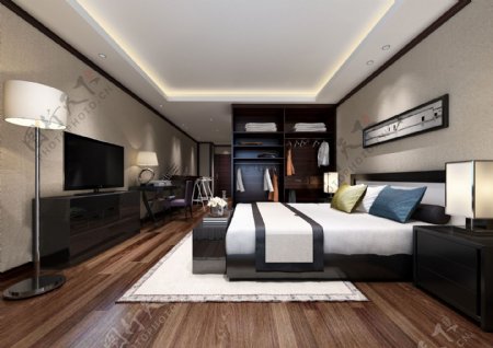 现代时尚卧室白色地毯室内设计装修效果图