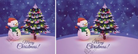 唯美五彩圣诞树雪人插画图