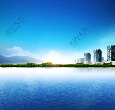 蓝天白云湖水湖景