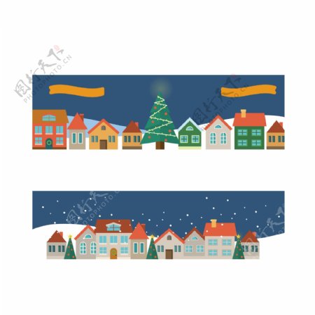 蓝底红房子圣诞海报背景模板