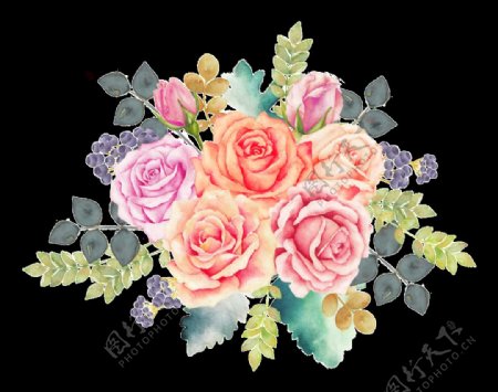 手绘卡通彩色玫瑰花png透明素材