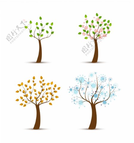 四颗春夏秋冬的树插画矢量素材