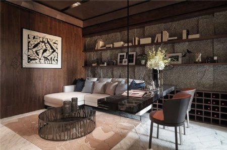 现代时尚感客厅圆形镂空茶几室内装修效果图