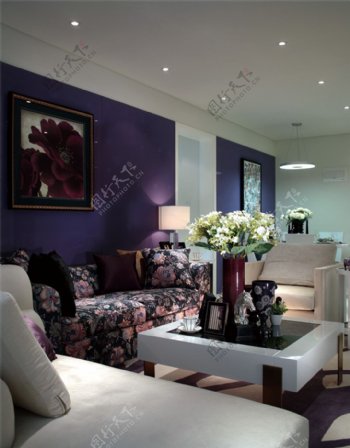 现代时尚客厅紫色花纹沙发室内装修效果图