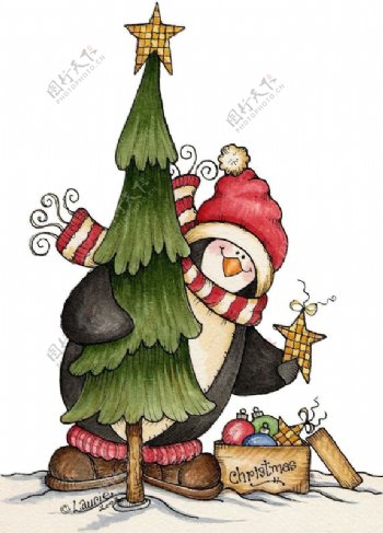 彩色手绘企鹅圣诞树元素