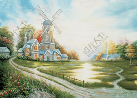 荷兰风车油画