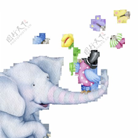 大象与小鸟卡通水彩透明素材