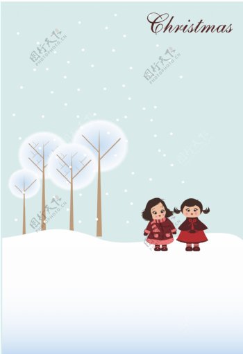 清新可爱小人圣诞看雪景海报背景素材