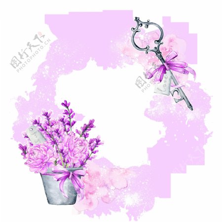 紫色元素花盆与钥匙卡通透明素材