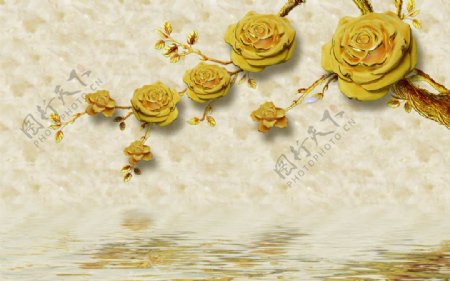 3D金色牡丹玫瑰花背景