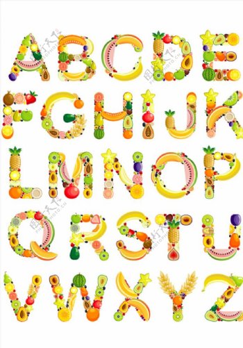 各种水果拼成的英文字母矢量素材