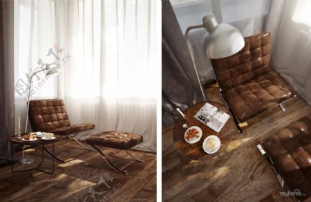 现代精致时尚客厅深色木地板室内装修效果图