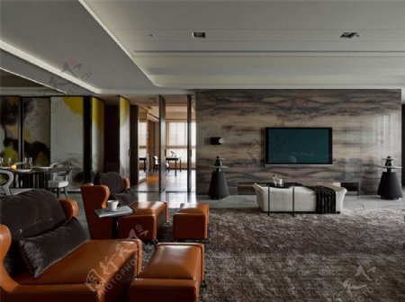 现代时尚客厅深褐色皮质沙发室内装修效果图