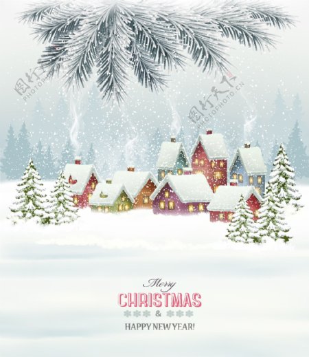 冬季圣诞小镇雪地景色插画