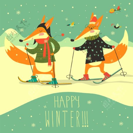 可爱的狐狸滑雪的雪冬天快乐