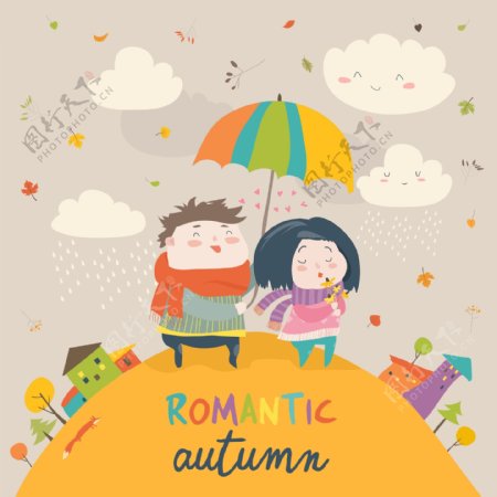 可爱的夫妇在秋天的雨中带着雨伞