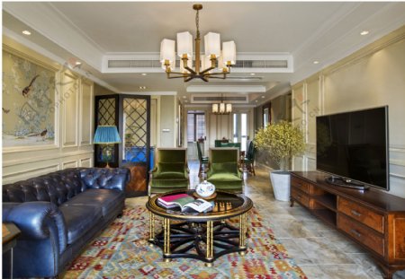 欧式轻奢客厅深蓝色亮面沙发室内装修效果图