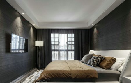 现代工艺风卧室深灰色背景墙室内装修效果图