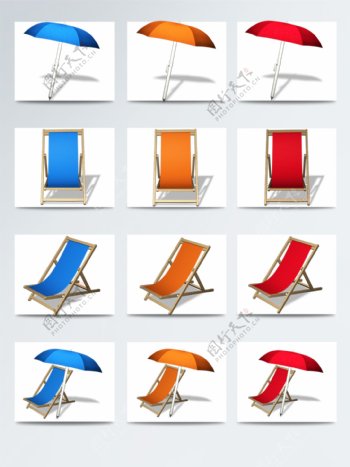海滩遮阳躺椅系列图标元素
